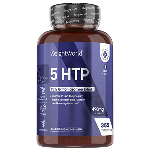 5HTP Tabletten - Mit 490mg Griffoniasamen Extrakt 5:1, Vitamin B6 & Magnesium - 365...