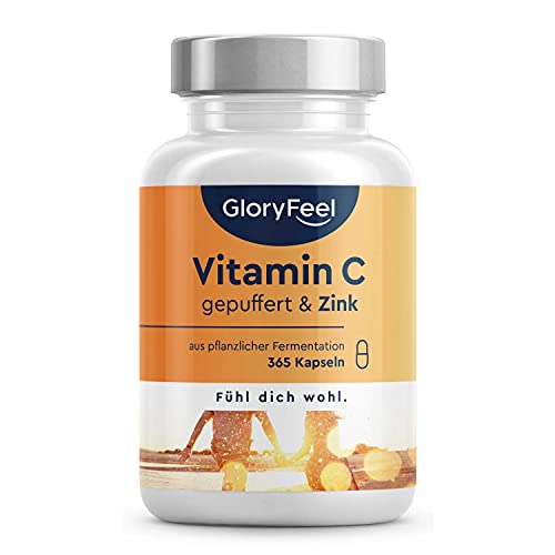 Vitamin C 365 Kapseln - Hochdosiert mit 1000mg + 20mg Zink - Pflanzlich fermentiert &...