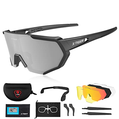 X-TIGER Fahrradbrille, Herren Damen Sportbrille, UV400 mit 5 Wechselgläser,Starker...