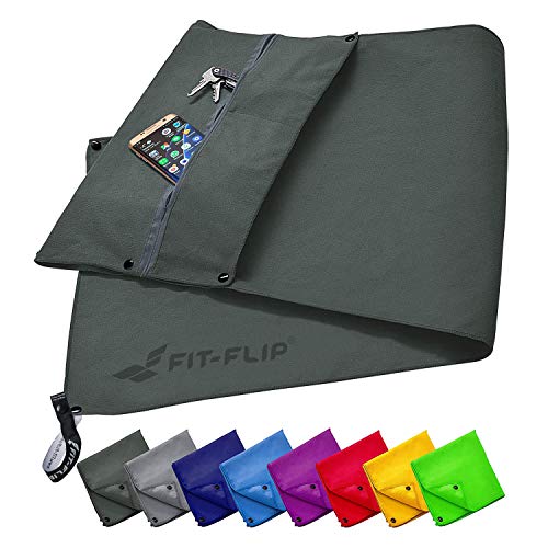 Fit-Flip Fitness Handtuch Set mit Reißverschluss Fach + Magnetclip + extra...