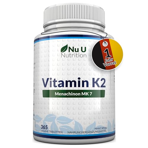 Vitamin K2 MK7 200µg - 365 Vegane Tabletten - All Trans Form - 12 Monate - Vit K2...